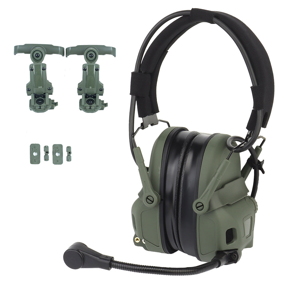 The Striketact Gen6 Tactical Headset in green is worn during a live-fire shooting drill, showcasing its helmet-compatible mic arm, superior noise reduction, and rugged tactical design for military communication and ear protection needs.