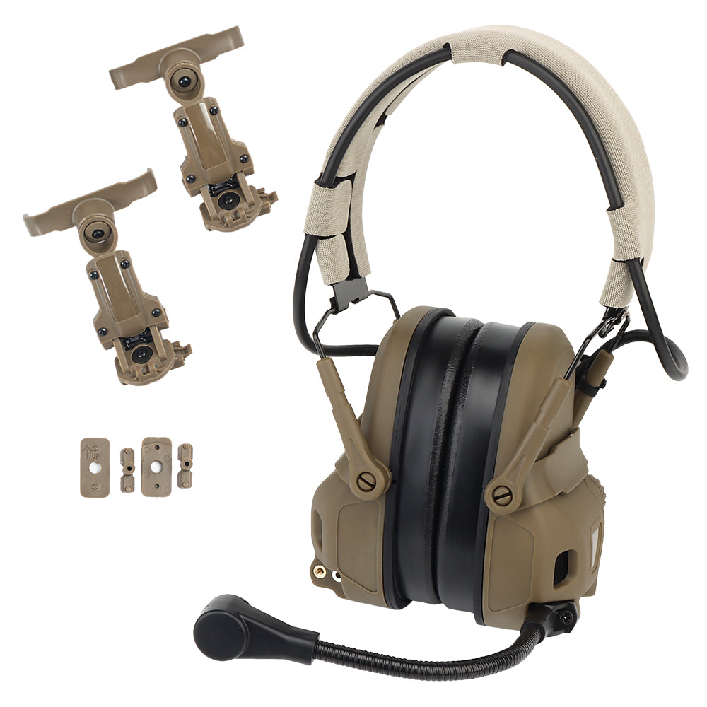 The Striketact Gen6 Tactical Headset in tan is worn during a live-fire shooting drill, showcasing its helmet-compatible mic arm, superior noise reduction, and rugged tactical design for military communication and ear protection needs.