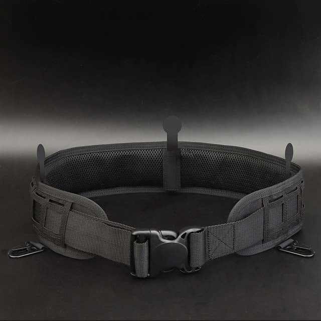 A Striketact Pilot Waist Belt in Black color is shown mounted on a tactical uniform, ideal for airsoft matches, military drills, or field work, featuring an adjustable fit, MOLLE compatibility, and a quick-release buckle for high-performance tactical use.