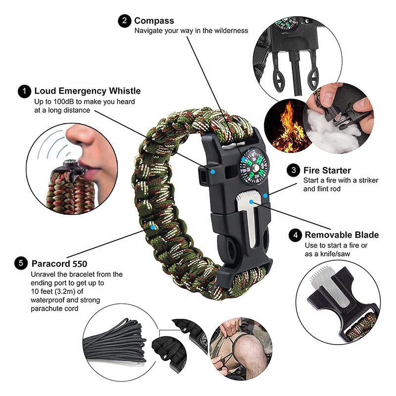 Survival Paracord Bracelet | Tactical Outdoor Emergency Gear with Compass, Fire Starter & Removable Blade