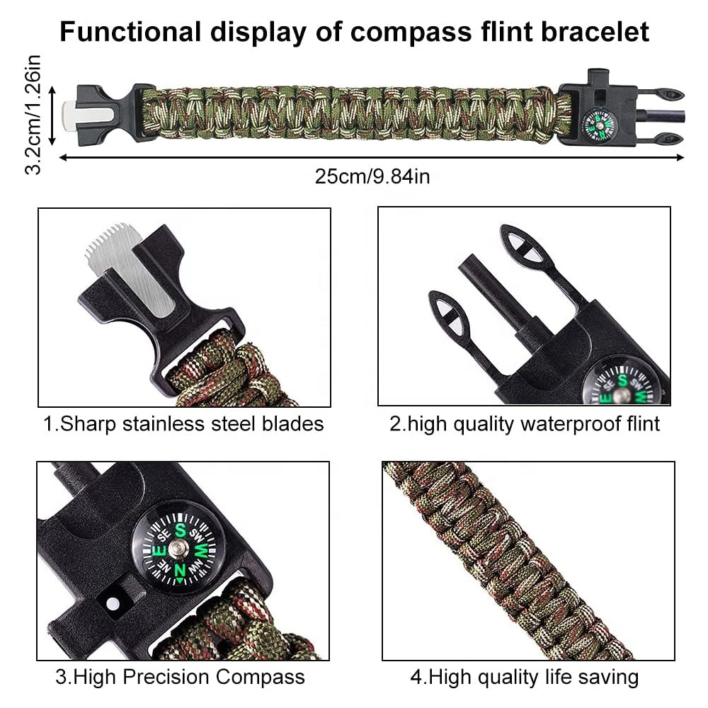 Survival Paracord Bracelet | Tactical Outdoor Emergency Gear with Compass, Fire Starter & Removable Blade