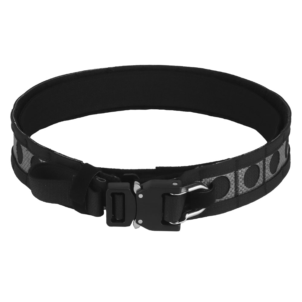 A close-up image of the Striketact Bison Tactical Belt in Matte Black, shown attached to tactical pants during an airsoft game, highlighting its quick-release metal buckle, MOLLE compatibility, and rugged design for military-style outdoor gear setups.