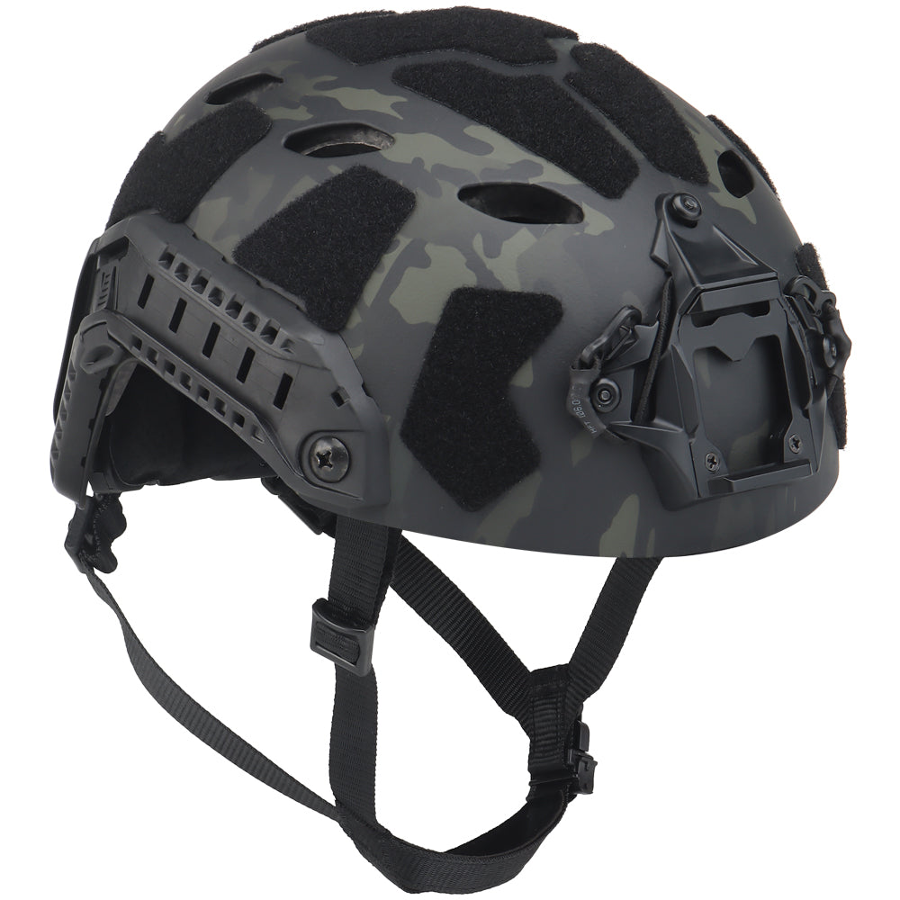 The lightweight Fast High Cut Tactical Helmet by Striketact in camouflage black is shown worn in a tactical training setting, highlighting its durable design and versatile use for military, airsoft, and cosplay activities.
