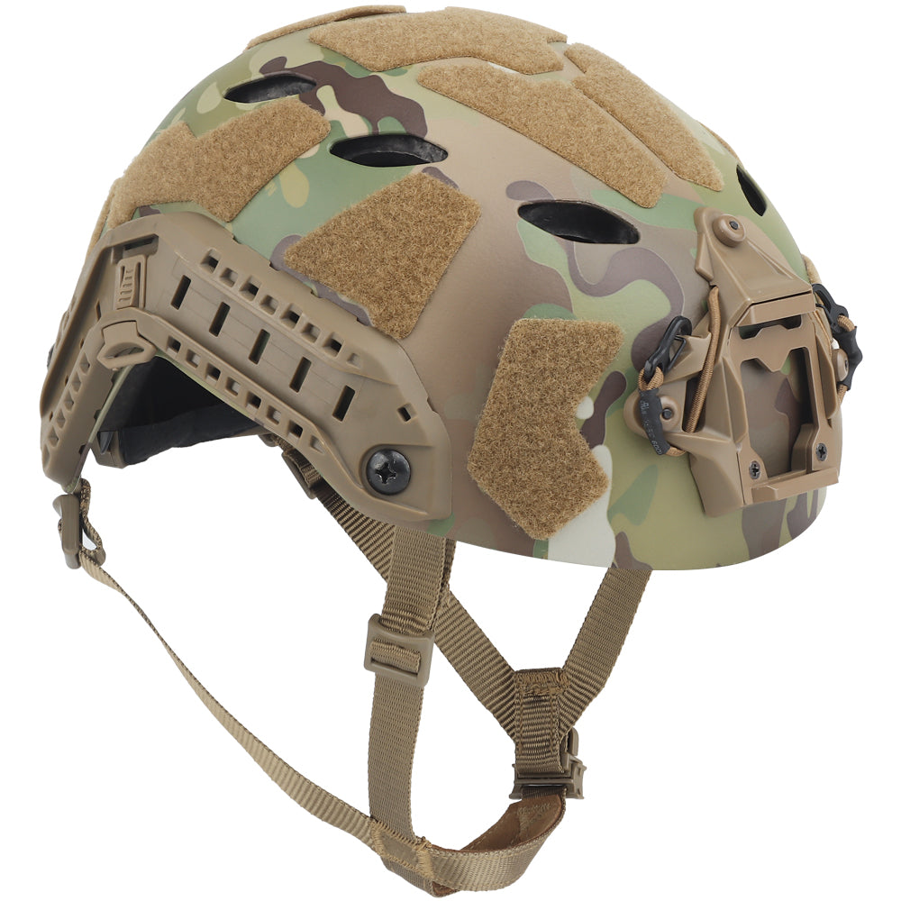 The lightweight Fast High Cut Tactical Helmet by Striketact in camouflage is shown worn in a tactical training setting, highlighting its durable design and versatile use for military, airsoft, and cosplay activities.