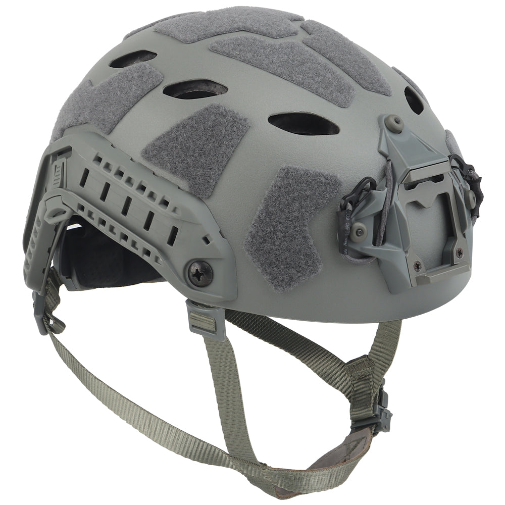The lightweight Fast High Cut Tactical Helmet by Striketact in gray is shown worn in a tactical training setting, highlighting its durable design and versatile use for military, airsoft, and cosplay activities.