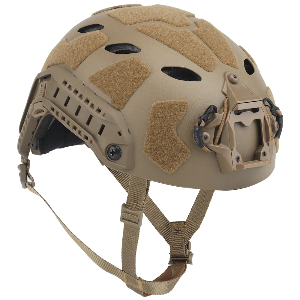 The lightweight Fast High Cut Tactical Helmet by Striketact in tan is shown worn in a tactical training setting, highlighting its durable design and versatile use for military, airsoft, and cosplay activities.