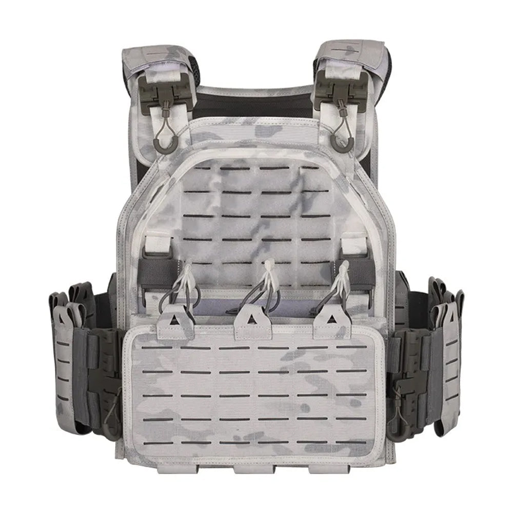 The image displays a Striketact VT-6094A Tactical Vest in MCAP, designed for military training and airsoft gear setups, featuring adjustable straps, MOLLE compatibility, and breathable padding, ideal for outdoor survival, hiking, and shooting missions.