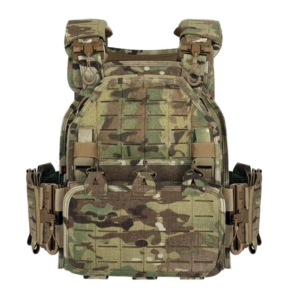 The image displays a Striketact VT-6094A Tactical Vest in Multicam, designed for military training and airsoft gear setups, featuring adjustable straps, MOLLE compatibility, and breathable padding, ideal for outdoor survival, hiking, and shooting missions.